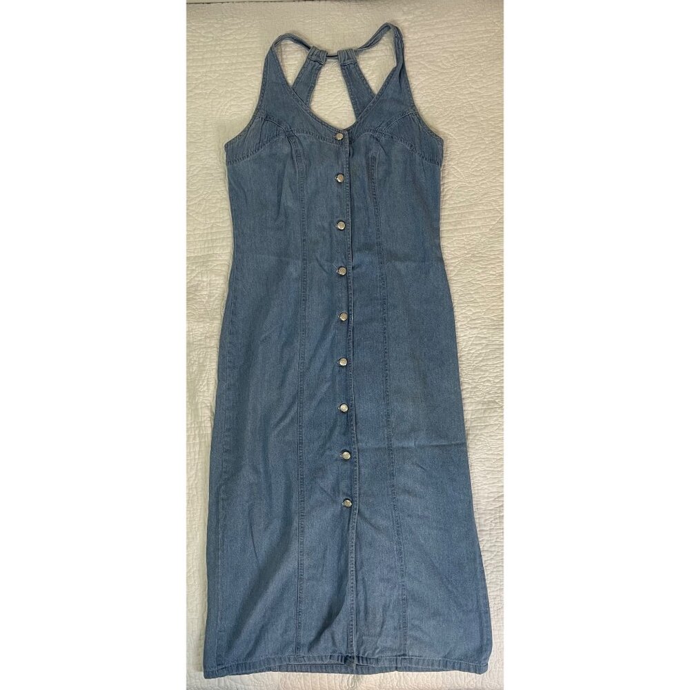 VTG California Gold‎ Rush 80s 90s Denim Midi Button Down Dress Sleeveless Retro